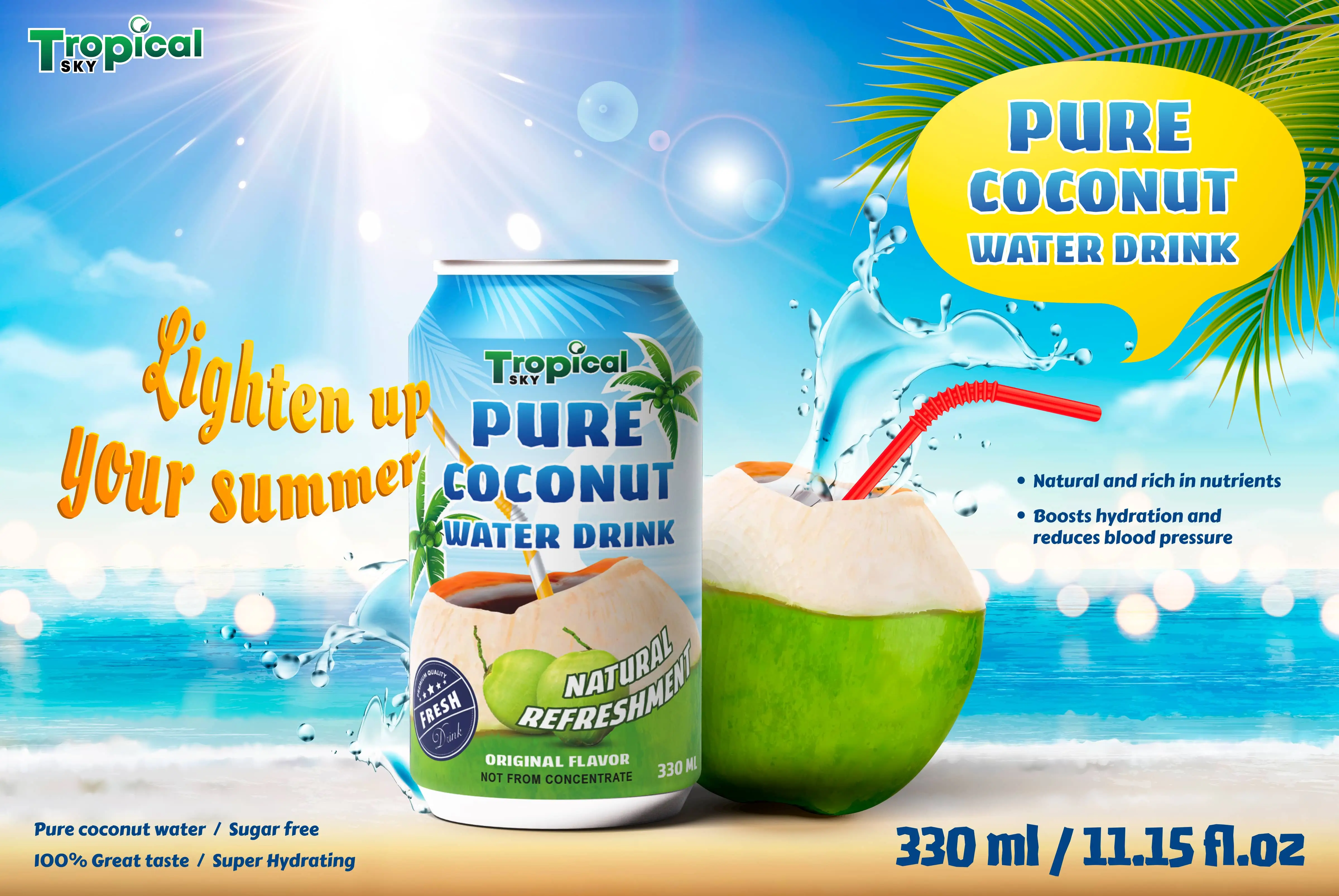 OEM/private supplier 100% pure coconut water 330ml sleek can TROPICAL SKY beverage